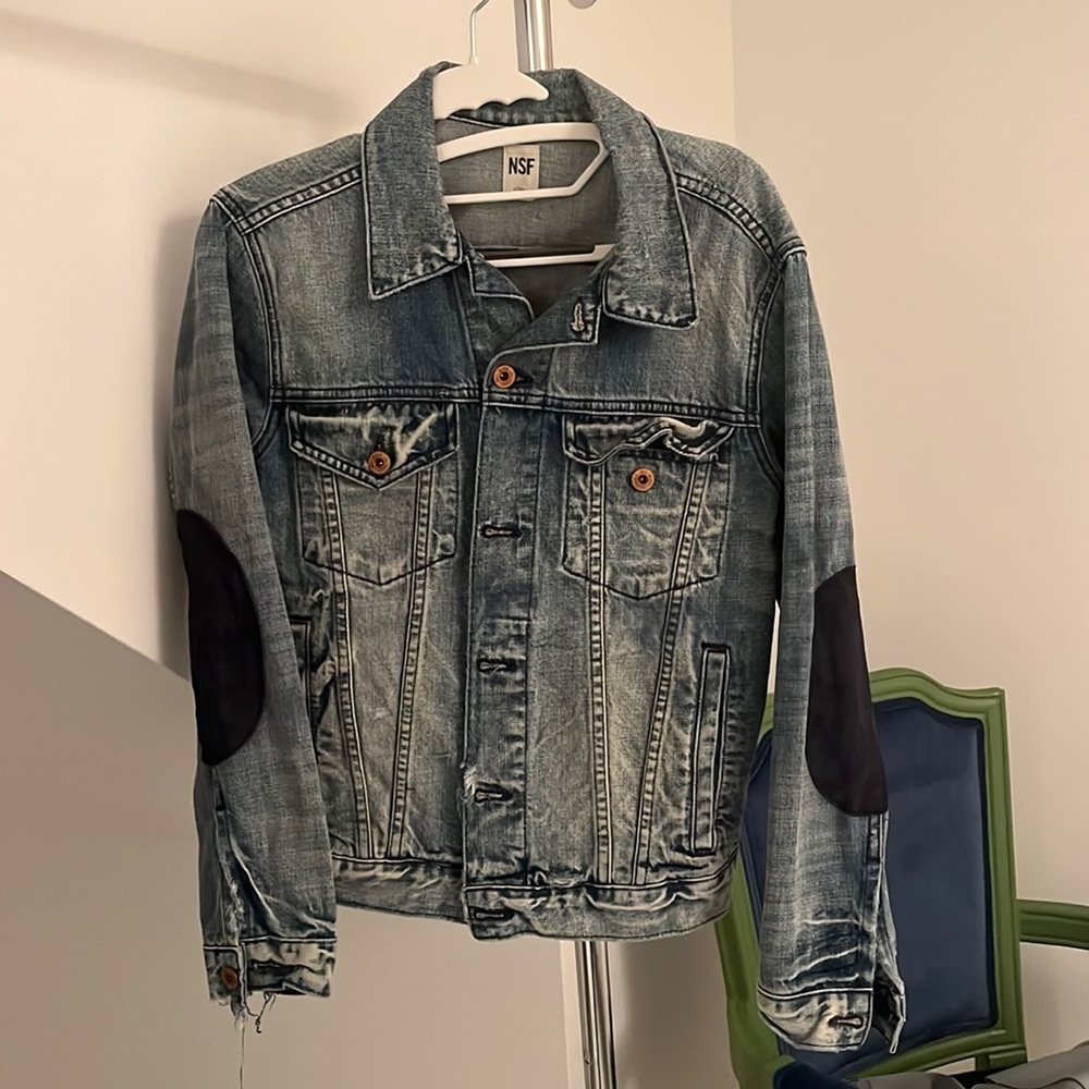 NSF jeans jacket with patches on the elbows. Size Small only worn once